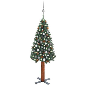 Smukła choinka z lampkami LED i bombkami, zielona, 150 cm, PVC