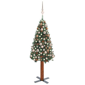 Smukła choinka z lampkami LED i bombkami, zielona, 150 cm, PVC