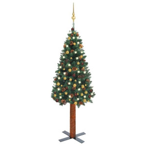 Smukła choinka z lampkami LED i bombkami, zielona, 150 cm