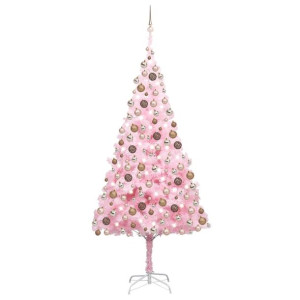 Sztuczna choinka z LED i bombkami, różowa, 240 cm, PVC