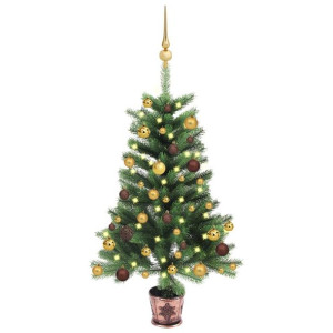 Sztuczna choinka z lampkami LED i bombkami, 90 cm, zielona