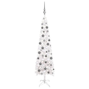 Smukła choinka z lampkami LED i bombkami, biała, 150 cm
