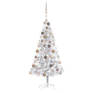 Sztuczna choinka z LED i bombkami, srebrna, 150 cm, PET