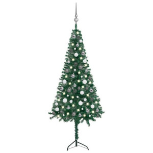 Sztuczna choinka narożna z LED i bombkami, zielona, 150 cm, PVC