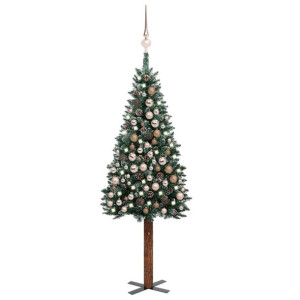 Smukła choinka z lampkami LED i bombkami, zielona, 210 cm