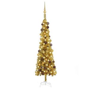 Smukła choinka z lampkami LED i bombkami, złota, 120 cm