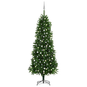 Sztuczna choinka z lampkami LED i bombkami, 240 cm, zielona