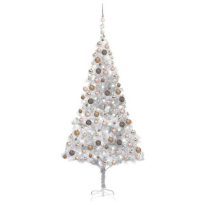 Sztuczna choinka z LED i bombkami, srebrna, 210 cm, PET