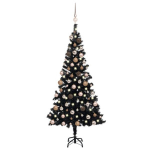 Sztuczna choinka z LED i bombkami, czarna, 180 cm, PVC