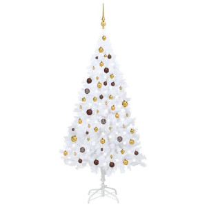 Sztuczna choinka z lampkami LED i bombkami, biała, 180 cm, PVC