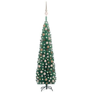 Smukła choinka z lampkami LED i bombkami, zielona, 240 cm