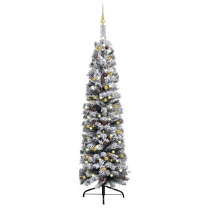 Smukła choinka z lampkami LED i bombkami, zielona, 240 cm