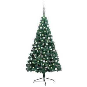 Sztuczna choinka z LED i bombkami, połówka, zielona, 150 cm