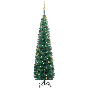 Smukła choinka z lampkami LED i bombkami, zielona, 240 cm
