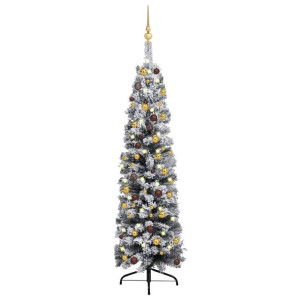Smukła choinka z lampkami LED i bombkami, zielona, 150 cm