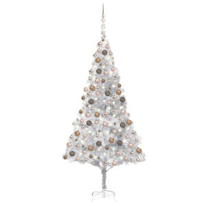 Sztuczna choinka z LED i bombkami, srebrna, 240 cm, PET