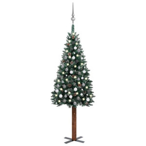 Smukła choinka z lampkami LED i bombkami, zielona, 210 cm