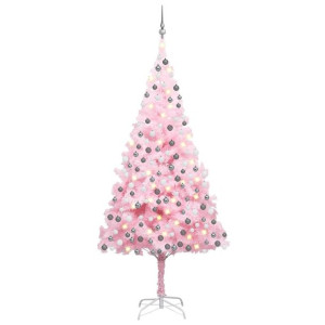 Sztuczna choinka z lampkami LED i bombkami, różowa, 210 cm, PVC
