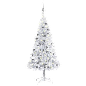 Sztuczna choinka z LED i bombkami, srebrna, 150 cm, PET