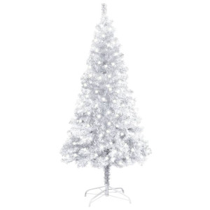 Sztuczna choinka ze stojakiem i LED, srebrna, 120 cm, PET
