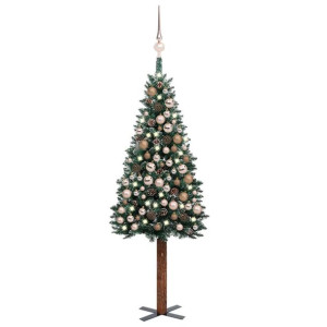 Smukła choinka z lampkami LED i bombkami, zielona, 180 cm
