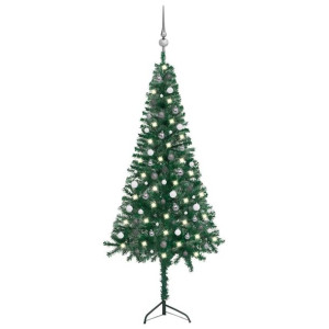Sztuczna choinka narożna z LED i bombkami, zielona, 240 cm, PVC