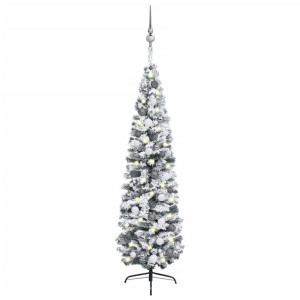 Smukła choinka z lampkami LED i bombkami, zielona, 210 cm