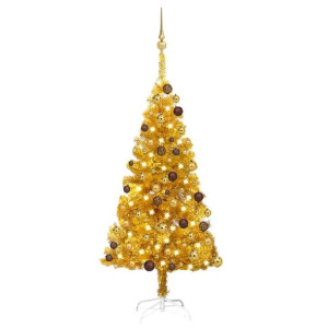 Sztuczna choinka z LED i bombkami, złota, 120 cm, PET