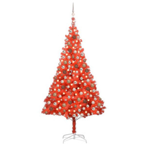 Sztuczna choinka z LED i bombkami, czerwona, 240 cm, PVC