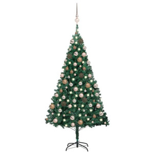 Sztuczna choinka z LED i zestawem bombek, zielona, 150 cm, PVC