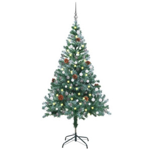 Sztuczna oszroniona choinka z LED, bombkami i szyszkami, 150 cm