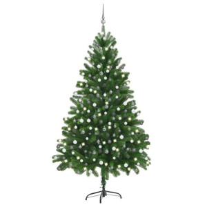Sztuczna choinka z lampkami LED i bombkami, zielona, 210 cm