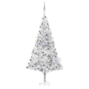 Sztuczna choinka z LED i bombkami, srebrna, 210 cm, PET