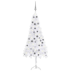 Sztuczna choinka narożna z LED i bombkami, biała, 180 cm, PVC