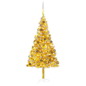 Sztuczna choinka z LED i bombkami, złota, 210 cm, PET