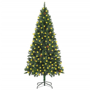 Sztuczna choinka z lampkami LED i szyszkami, zielona, 210 cm