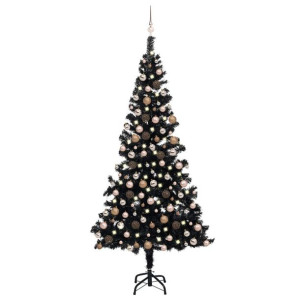 Sztuczna choinka z LED i bombkami, czarna, 210 cm, PVC