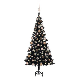 Sztuczna choinka z LED i bombkami, czarna, 150 cm, PVC