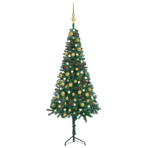 Sztuczna choinka narożna z LED i bombkami, zielona, 150 cm, PVC