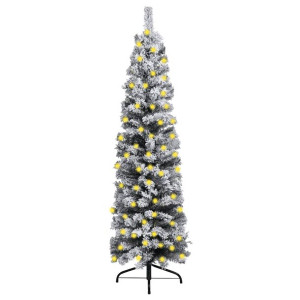 Smukła choinka flokowana śniegiem, z LED, zielona, 150 cm, PVC