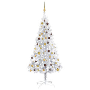 Sztuczna choinka z LED i bombkami, srebrna, 210 cm, PET