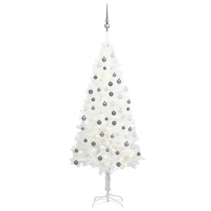 Sztuczna choinka z lampkami LED i bombkami, biała, 150 cm