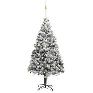 Sztuczna choinka ośnieżona, z LED i bombkami, zielona, 300 cm
