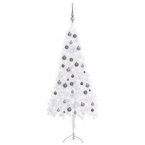 Sztuczna choinka narożna z LED i bombkami, biała, 150 cm, PVC