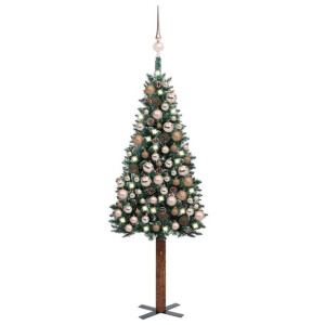 Smukła choinka z lampkami LED i bombkami, zielona, 150 cm