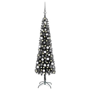 Smukła choinka z lampkami LED i bombkami, czarna, 120 cm