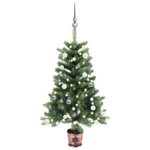 Sztuczna choinka z lampkami LED i bombkami, 90 cm, zielona