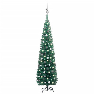 Smukła choinka z lampkami LED i bombkami, zielona, 240 cm