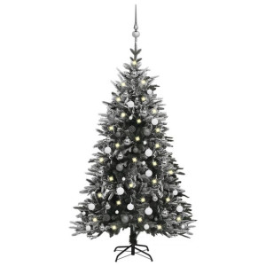 Sztuczna choinka ośnieżona, z LED i bombkami, 150 cm, PVC i PE