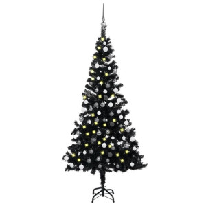 Sztuczna choinka z LED i bombkami, czarna, 120 cm, PVC